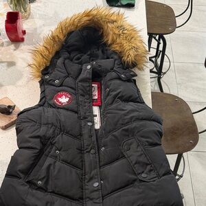 Canada Weather Gear Black Puffer Vest with Faux Fur Hood